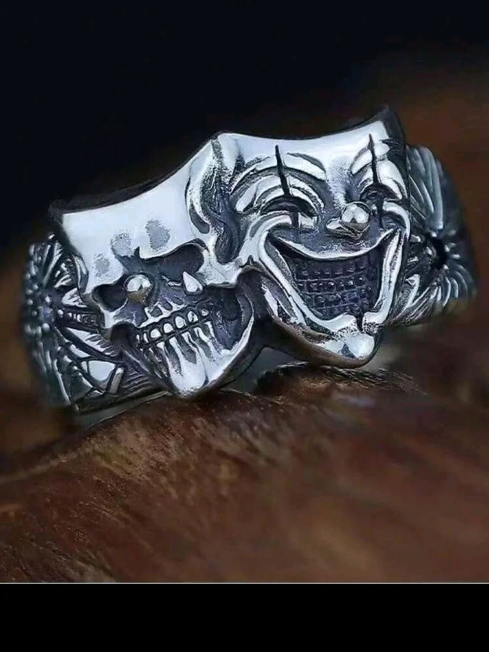 Silver Two-Face Comedy & Tragedy Skull Ring - Men9s Accessory